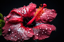 Close Up Of Red Hibiscus Flower With Water Drops. Generative AI