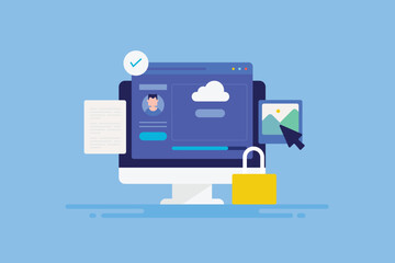 Wall Mural - digital technology website hosting on cloud server, secure cloud data storage, internet service conc