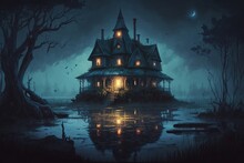 Generative AI Illustration Of The Scary House On Swamps