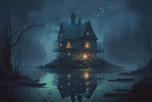 Generative AI Illustration Of The Scary House On Swamps