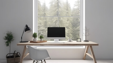 minimalist office space home office interior design, desk with desktop computer