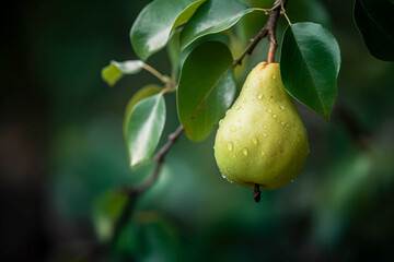 Wall Mural - Ripe green pear on a branch with leaves on a dark background. Generative AI