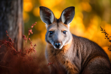 Wall Mural - Kangaroo looking at camera in orange wildflowers, Australia. Generative AI