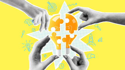 Teamwork concept banner. Halftone hands connect pieces of bulb puzzle. Symbol of teamwork, cooperation, partnership, creative idea or brainstorm. Vector illustration with paper cut out elements.