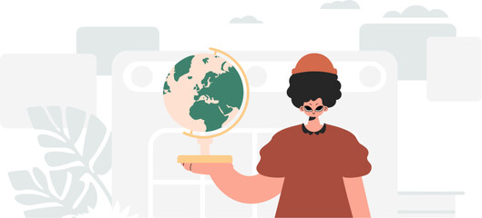 The person is holding a colossal globe, the subject of learning. Trendy style, Vector Illustration