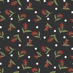 Wall Mural - Cute floral seamless pattern of red berries with leaves on black color background with white dots.