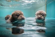 Baby Otters Swimming In Crystal-clear Pool, Their Furry Paws And Tails Visible, Created With Generative Ai