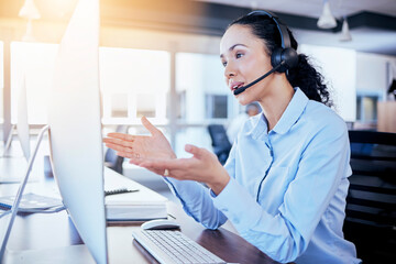 Poster - Call center, computer and online meeting with woman in office for customer service, technical support or help desk. Virtual, contact us and communication with employee for legal advice and operator