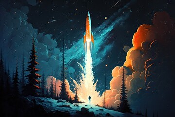 Wall Mural - rocket launch against the starry night sky, created with generative ai