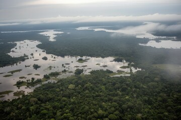 Wall Mural - aerial view of the amazonas, with misty rainforest in the background, created with generative ai