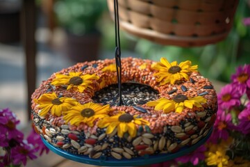 Wall Mural - birdfeeder filled with colorful sunflower seeds, created with generative ai