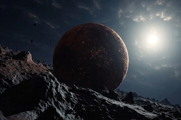 Sticker - close-up of rocky and dusty exoplanet, with starry sky in the background, created with generative ai