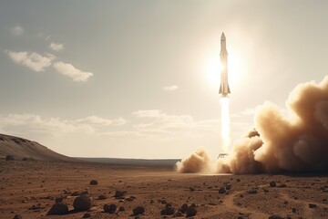 Sticker - rocket launches from the surface of planet, with view of the otherworldly landscape visible in the b