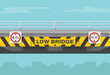 Close-up of a low bridge with obstruction and hazard marker. Height limit traffic sign. Flat vector illustration template.
