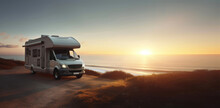 Camper Van Motorhome At Sunset With Sea At Background, Travel, Tourism Concept. Created Using Generative AI Tools