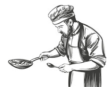 Chef Cooks Meat In A Frying Pan, Cooking In The Kitchen In A Restaurant, Hand Drawn Vector Illustration Realistic Sketch