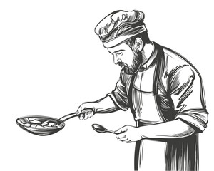 chef cooks meat in a frying pan, cooking in the kitchen in a restaurant, hand drawn vector illustration realistic sketch