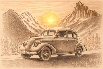Wall Mural - pencil sketch of car with sunset in the background, surrounded by mountains, created with generative