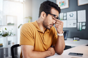 Poster - Headache, burnout and tired business man with migraine, pain or stress from workplace pressure. Mental health, anatomy crisis or depressed person with medical emergency, depression or tension problem