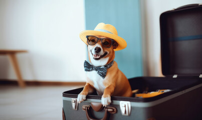 Happy dog wearing sunglasses and hat is going on a trip sitting in a suitcase. Vacations, travel, summer fun concept. Created using generative AI tools