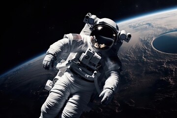 Sticker - astronaut, floating in the void of space, with distant and ethereal planets visible in the backgroun