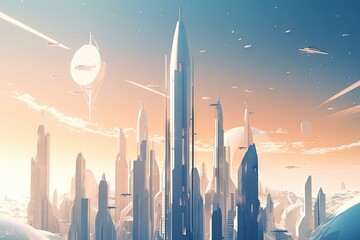 Wall Mural - rocket launches and space missions in the futuristic metropolis, with towering skyscrapers and flyin