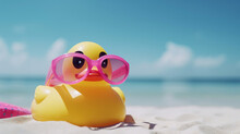 Rubber Duck With Pink Sunglasses At The Beach With Blue Sunny Sky. Vacation Concept. Generative AI