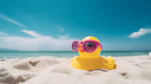 Rubber Duck With Pink Sunglasses At The Beach With Blue Sunny Sky. Vacation Concept. Generative AI
