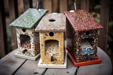 Wall Mural - birdhouse feeder with a variety of birdseed flavors, each for different types of birds, created with generative ai