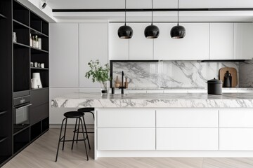 Wall Mural - modern white kitchen with sleek black appliances and marble countertops, created with generative ai