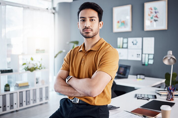 Wall Mural - Serious portrait, crossed arms or business man, designer or expert confidence in career, job or professional commitment. Agency pride, service vocation or Asian person with start up entrepreneurship