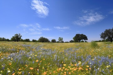 Sticker - field of wildflowers in full bloom, with a blue sky above, created with generative ai