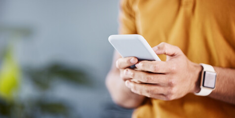 Canvas Print - Phone, communication and hands of man typing, networking and search website, app or online social media. URL internet mockup, mobile smartphone and person texting, message or contact cellphone user