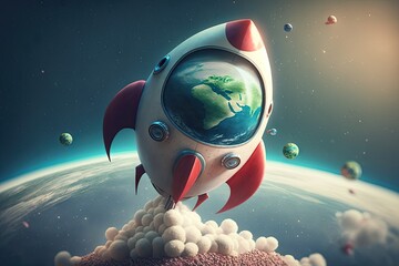 Sticker - cute rocket with earth view, flying over planet and into space, created with generative ai