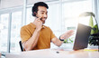 © C.M./peopleimages.com - Customer service, laptop and happy business man talking on contact us, telemarketing or online telecom. Communication consultant, tech or Asian person in call center consulting for technical support