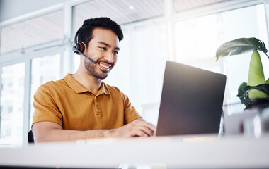 Aufkleber - Laptop, man and customer support consultant in office doing research on a crm strategy. Professional, smile and male call center or telemarketing agent working on an online consultation with computer