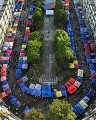 Aerial top down view of A stretch of stalls at a ramadhan bazaar in Bandar Seri Putra, Selangor. The bazaar is a famous market offering varied Malay food for iftar or buka puasa.