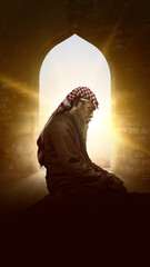 Poster - Muslim man with a beard wearing keffiyeh with agal in praying position (salat) on the prayer rug