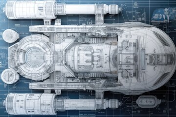 Sticker - architectural blueprints of futuristic space station, complete with schematics and technical details