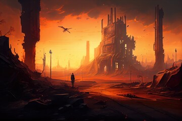Wall Mural - postapocalyptic city, with view of the sky and burning ruins in the background, created with generat
