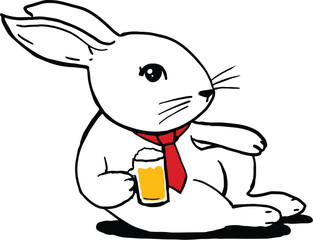 cartoon rabbit wearing red tie drinking beer resting