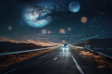 Wall Mural - autonomous vehicles and drones travel along space-themed highway with floating planets and stars in 