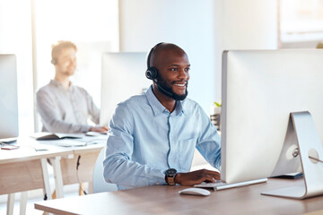 Sticker - Call center, computer and online with black man in office for customer service, technical support and advice. Technology, contact us and communication with employee operator in help desk agency