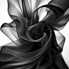 Close-up of rippled black silk fabric texture background. Generative AI.