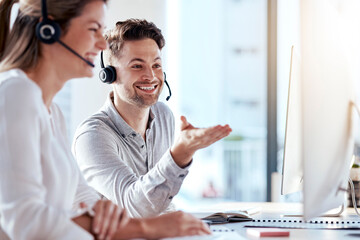 Computer, collaboration and call center with a consultant team working in customer service for support. Teamwork, crm or contact us with a man and woman employee at work in a consulting office