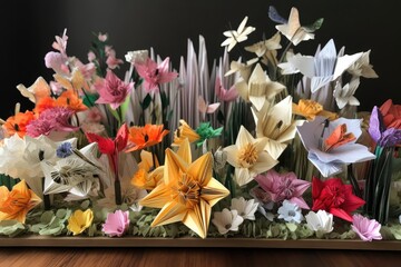 Wall Mural - origami flower garden, with delicate blooms and foliage in full bloom, created with generative ai