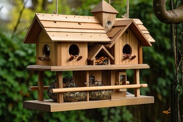 Poster - birdhouse with variety of bird feeders, from hanging to platform, created with generative ai