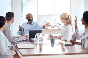 Poster - Meeting, question and collaboration with a businessman in the boardroom, talking to his team for planning. Teamwork, training and strategy with a black male employee asking a colleague for input