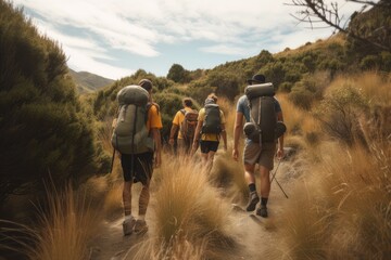 Wall Mural - group of friends backpacking through scenic nature reserve, created with generative ai