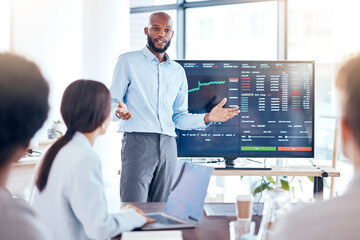 Black man, trader coach and screen with stock market dashboard, business people in meeting for training in trading. Cryptocurrency, finance with stocks information and presentation in conference room